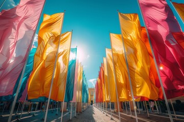 Bright, colorful flags lined up under the sunlit sky evoke a feeling of pride and celebration in an outdoor urban setting - obrazy, fototapety, plakaty