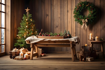 Fototapeta na wymiar Christmas scene with an empty wooden manger design.