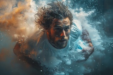 A dramatic scene featuring an individual submerged in water surrounded by visually striking fiery orange and blue effects - obrazy, fototapety, plakaty