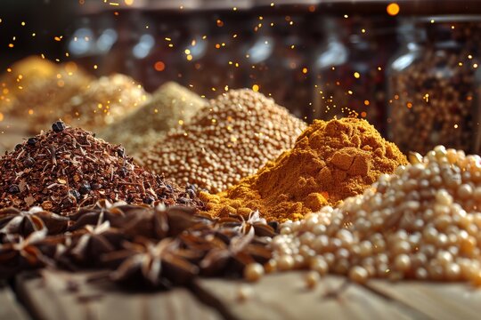 Close-up of various spices piled up with star anise and dry herbs, creating a textured and colorful image