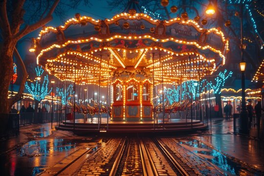 Enchanting view of an empty carousel illuminated with sparkling lights in a festive wintery night atmosphere