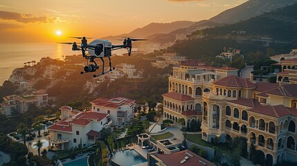 A drone flies over a luxurious buildings with a sunset in the background, text copy space