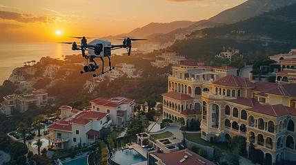 Foto op Plexiglas A drone flies over a luxurious buildings with a sunset in the background, text copy space © growth.ai