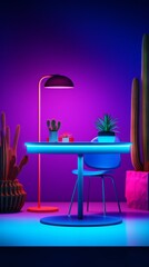 Interior of a modern living room with dark blue walls. A table with neon cacti. Vertical orientation