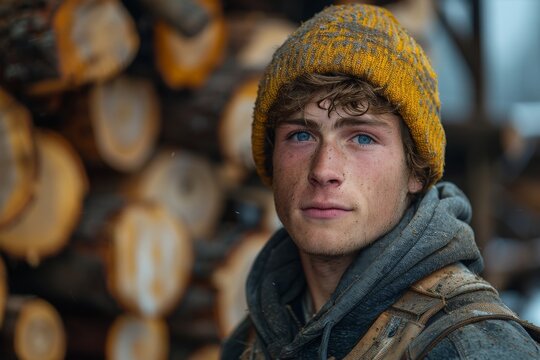 Portrait of a young man with blue eyes wearing a knit hat, with a woodpile in the background