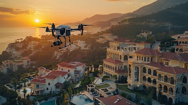 Fototapeta A drone flies over a luxurious buildings with a sunset in the background, text copy space
