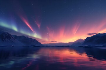 Evening Panorama with Northern Lights, aurora borealis, panoramic view, polar lights, stars - obrazy, fototapety, plakaty