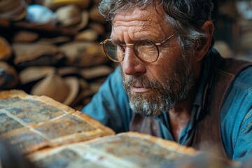 A man deeply engrossed in an old book at a chaotic pottery workshop, surrounded by earthenware