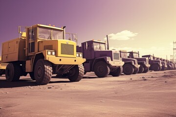 Construction vehicles parked in line at an industrial site. Large trucks in an open pit mine