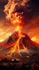 eruption of a volcano with smoke. lava running down the mountain. vertical orientation - obrazy, fototapety, plakaty