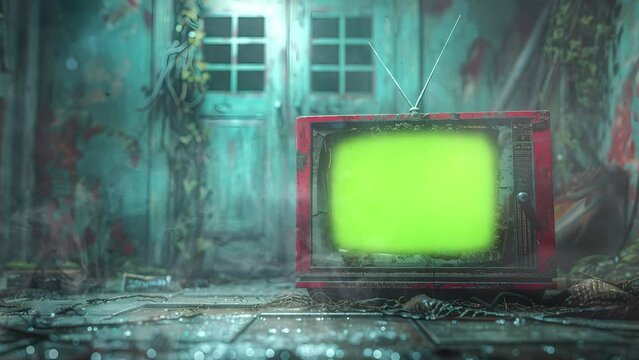 Nostalgic Flicker: Vintage TV Green Screen Mockup antique broadcast media