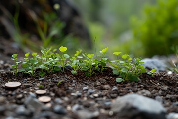 Small Plants and Nature Harmony, pile of coins, plant soil, nature backdrop, sprouting