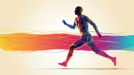Fototapeta na wymiar Colored abstract image of a man running. Runner runs across a white background with colorful line.