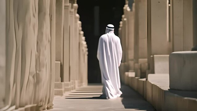 Religious muslim man wearing ihram clothes for hajj, was walking down the corridor