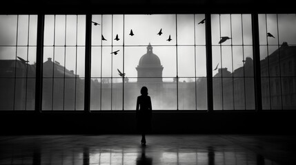 Silhouette of a woman standing in front of a large window. Woman stand in front of windows.