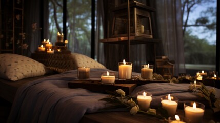 Spa session with candles on a table. Spa scene with candles and essential oils. Candles in the room