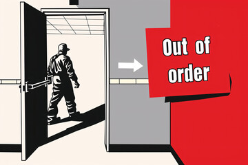 Retro illustration of a worker entering a room with out of order sign