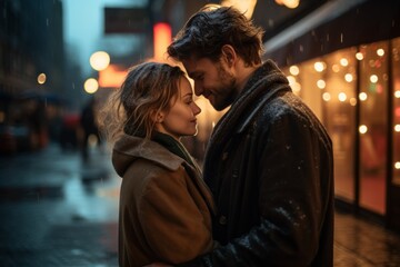 Fototapeta premium Two lovers are standing together on the street. Couple in Love on a Romantic Date through the Street