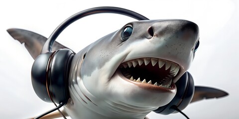 shark in headphones isolated on white background