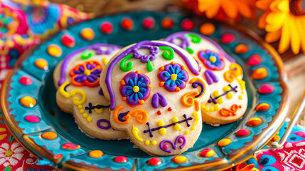 Fototapeta na wymiar Plate of Colorful Day of Dead Sugar Cookies