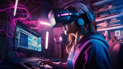 Fototapeta na wymiar Woman on the computer using virtual reality headset. Young woman wearing VR goggles using PC