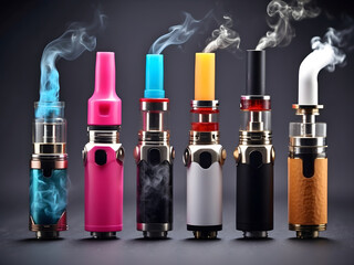 Synthetic nicotine concept. Various disposable electronic cigarettes. modern alternative smoking, vaping and nicotine design