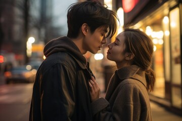 Asian lovers kissing in a street. Young romantic Asian couple hugging on the city streets at night