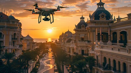 A drone flies over a luxurious buildings with a sunset in the background, text copy space