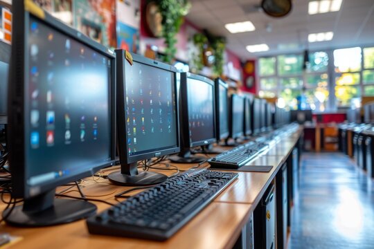 A well-organized computer lab with multiple workstations and monitors lined up in an educational setting