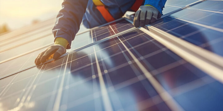 photovoltaic solar panel installation on a house roof by a worker, technician or engineer. Close-up view. Alternative, renewable energy concept. Sustainable energy for home.