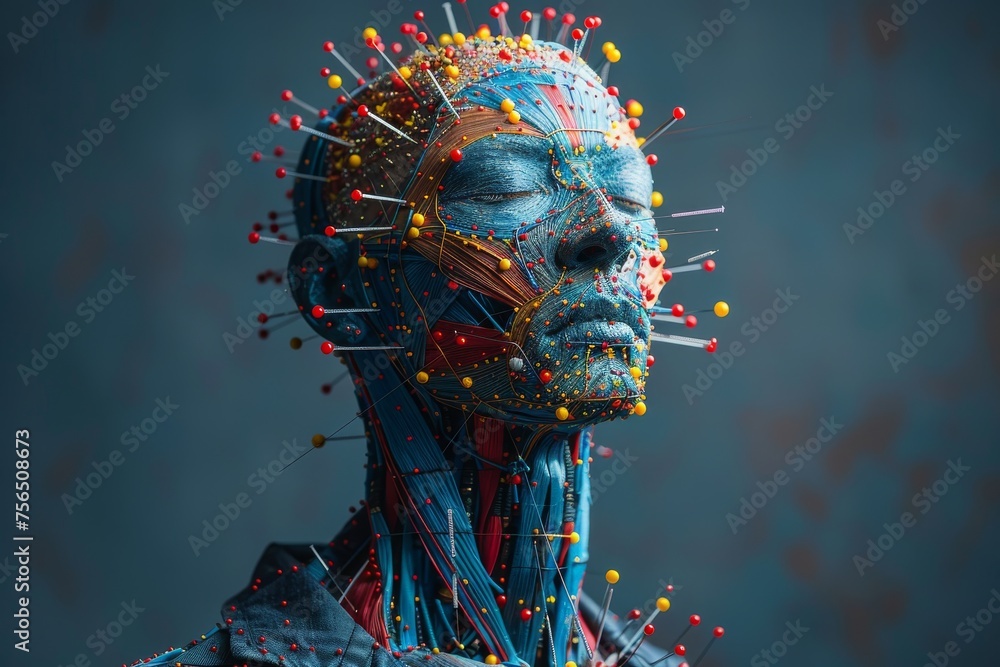 Poster a detailed depiction of a robot-like face enhanced with neural network patterns marked by colorful p