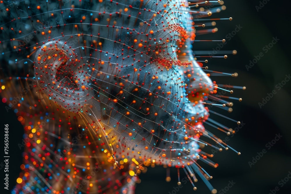 Poster intricate visual representation of a face interconnected with a glowing neural network illustrating 