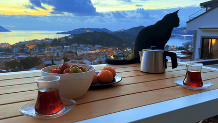 Scenic romantic tea party, fresh fruits, black cat on terrace with seaside view