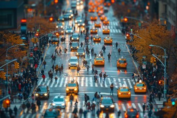 A vibrant scene capturing the busy urban life with cars, taxis, and people crossing the streets...