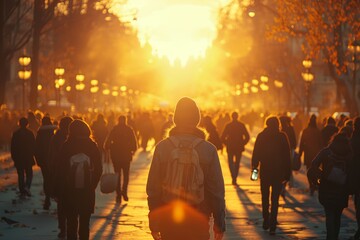 A single figure is silhouetted against a backdrop of a golden sunset, walking along an urban path lined with trees and streetlights - obrazy, fototapety, plakaty