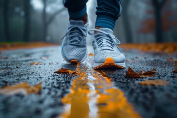 Close-up of a runner's sneakers as they make contact with the wet, leaf-strewn pavement during a morning jog in autumn
