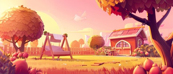 Home backyard with furniture at sunset or sunrise. Cartoon landscape of fruit trees, swing, wooden table and chairs, and dog house under pink sky.