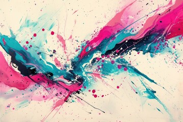 A high-contrast splash of fuchsia and teal, with splatters creating a vibrant dance of color and form.
