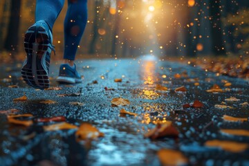 A detailed shot captures a runner's feet hitting a wet, leaf-strewn road, with a backdrop of...