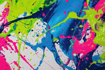 A kaleidoscope of neon paint splashes, with electric blue, hot pink, and lime green intertwining on a solid white background.