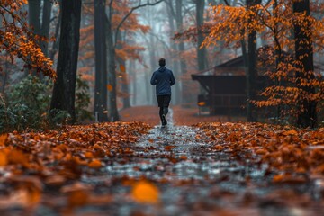 A lone individual runs down a misty, orange-leafed road, creating a scene of solitude, focus, and the pursuit of personal goals - obrazy, fototapety, plakaty
