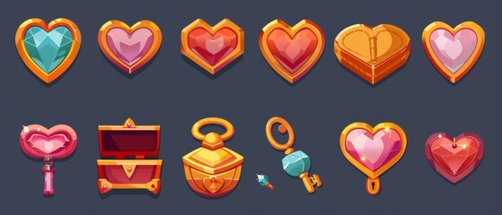 Cartoon set of game icons with heart shaped elements. Set of gui design elements - closed lock, key, chest, coin with heart diamond decoration. Golden love items with gems.