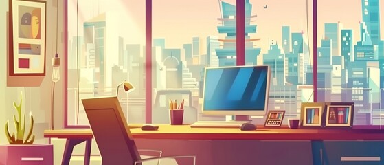 Cartoon modern interior with portable computer on large glass opening and cityscape behind. View on modern city through window on warm cozy room with laptop on windowsill.