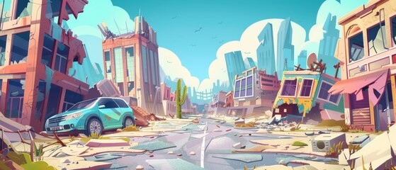 Destroyed demolished buildings, cars, and roads in an abandoned cityscape. Cartoon modern apocalyptic scene showing devastation from war or earthquake.