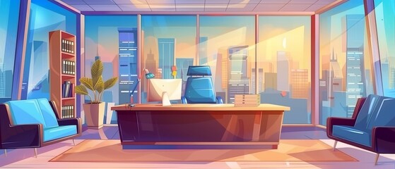 Modern cartoon illustration of bank office interior with cityscape view, computer on desk, chairs and couches for clients, cash desk behind glass wall, folders on shelves. - obrazy, fototapety, plakaty