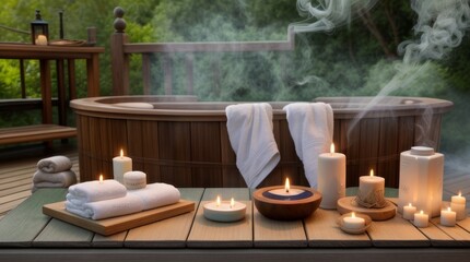 Outdoor with nature Relaxing Spa Ambiance with Candles and Smooth Stones - obrazy, fototapety, plakaty