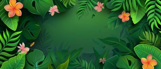 The background is a jungle background with liana vines, leaves, and flowers. One side of the backdrop is sunny tropical with room for text. The other side shows long creeping plant branches in a