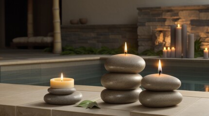 Fototapeta na wymiar Relaxing Spa Ambiance with Candles and Smooth Stones