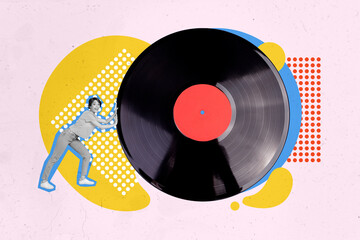 Creative collage photo young girl pushing disco record vinyl plate party festive event promo album...