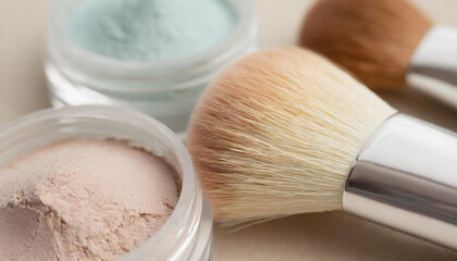 Close up of a brush applying beige powder emphasizing a nude makeup look on a isolated pastel...
